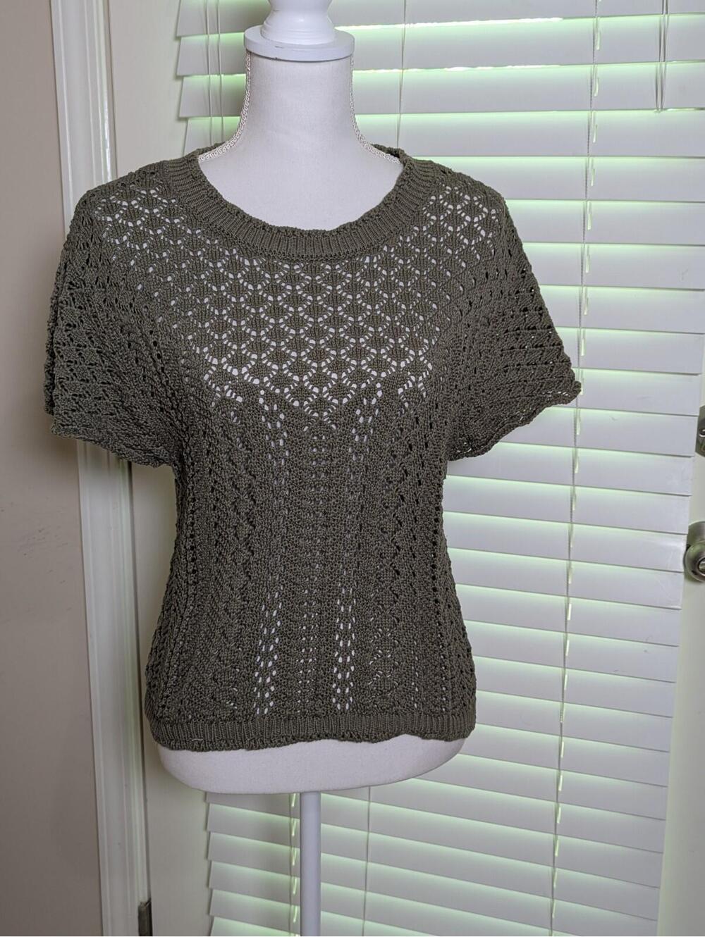 And Now This Women's Knit See Through Layering Short Sleeve Top Olive Green L